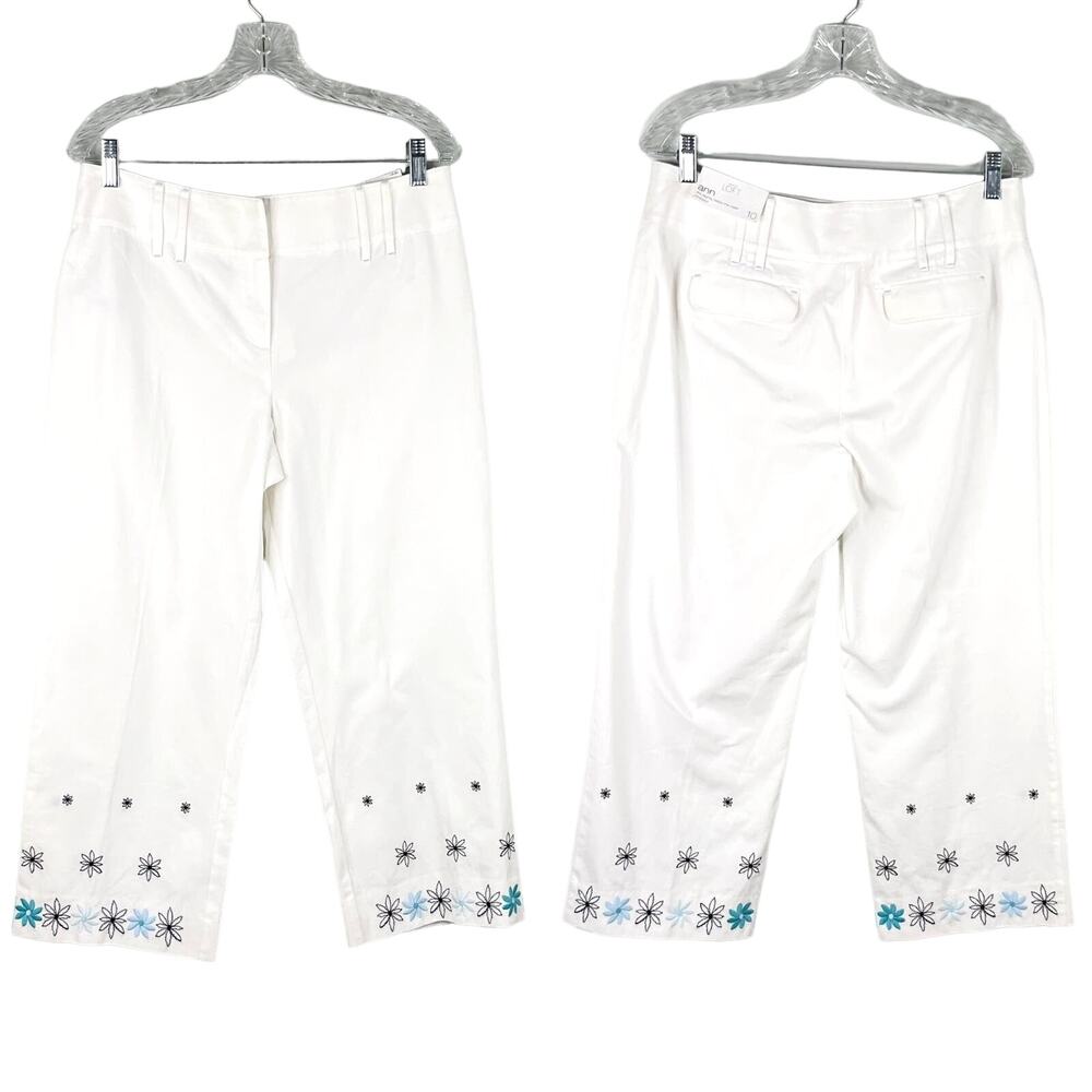 Ann Taylor LOFT Ann Pants Cropped 10 White Embroidered Flowers